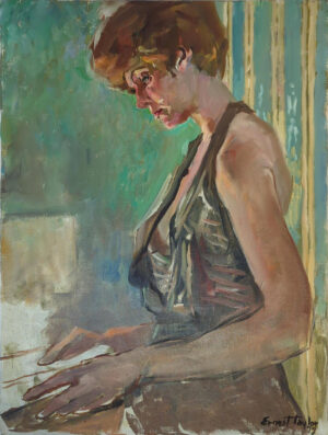 painting of woman reading book Ernest Taylor 1979 Woman Holding a Book