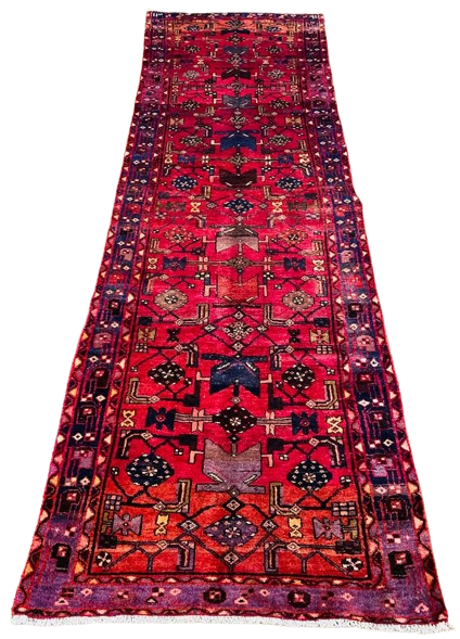 Origin "Hamedan" Hand Knotted Sheep Wool Persian Rug Natural Dyes with Geometric and Floral Patterns 10'10" X 3'5"