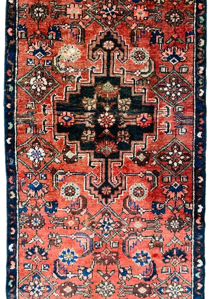 Origin "Hamedan" Hand Knotted Sheep Wool Persian Rug Natural Dyes with Geometric and Tribal Motif Patterns 9'2" X 2'8"
