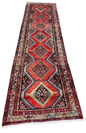Origin "Hamedan" Hand Knotted Sheep Wool Persian Rug with Geometric and Tribal Motif Patterns 9'4" X 2'7"