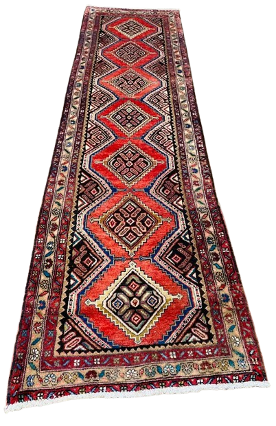 Origin "Hamedan" Hand Knotted Sheep Wool Persian Rug with Geometric and Tribal Motif Patterns 9'4" X 2'7"