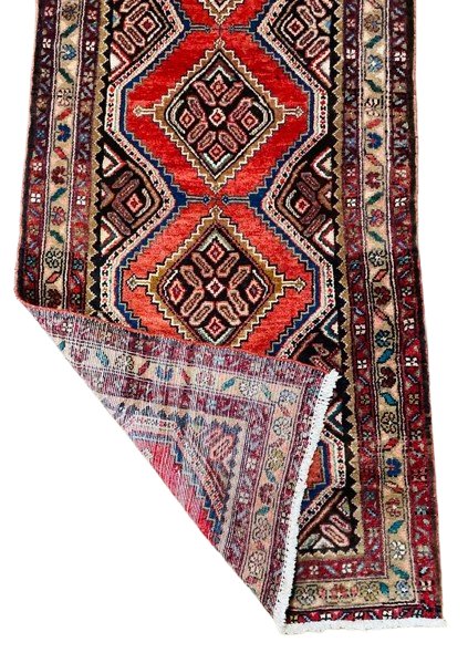 Origin "Hamedan" Hand Knotted Sheep Wool Persian Rug with Geometric and Tribal Motif Patterns 9'4" X 2'7"