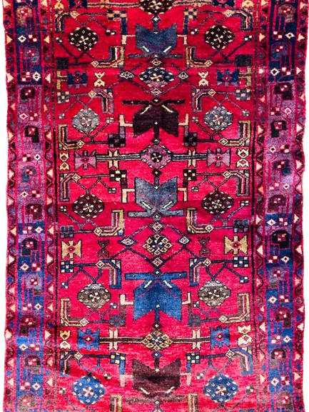 Origin "Hamedan" Hand Knotted Sheep Wool Persian Rug Natural Dyes with Geometric and Floral Patterns 10'10" X 3'5"