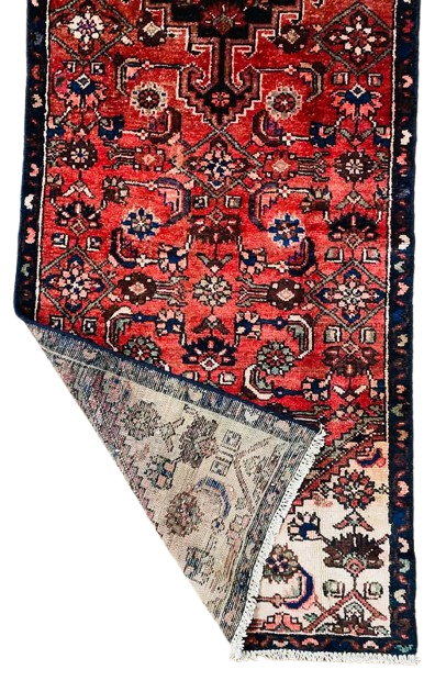 Origin "Hamedan" Hand Knotted Sheep Wool Persian Rug Natural Dyes with Geometric and Tribal Motif Patterns 9'2" X 2'8"