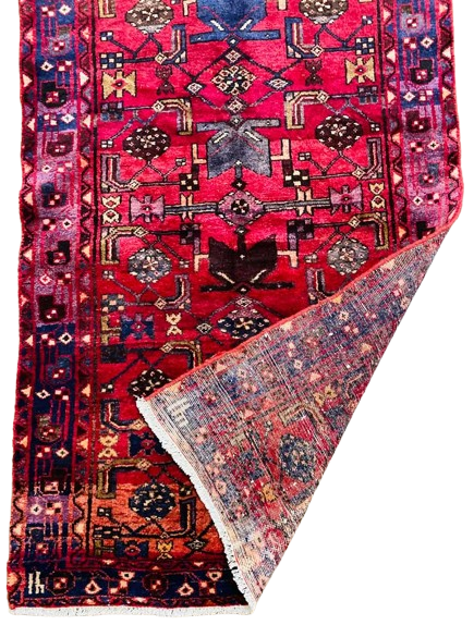 Origin "Hamedan" Hand Knotted Sheep Wool Persian Rug Natural Dyes with Geometric and Floral Patterns 10'10" X 3'5"