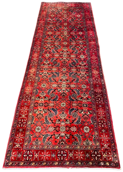 Origin "Azarbayjan" Hand Knotted Sheep Wool Persian Rug with Geometric and Floral Patterns 10'7" X 3'8"