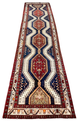 Origin "Ardebil" Hand Knotted Sheep Wool Persian Rug Natural Dyes Geometric Pattern 13'8" X 3'5"