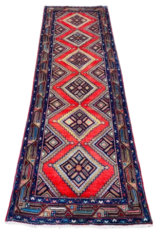 Origin "Hamedan" Hand Knotted Sheep Wool Persian Rug with Geometric Pattern 9'4" X 3'1"