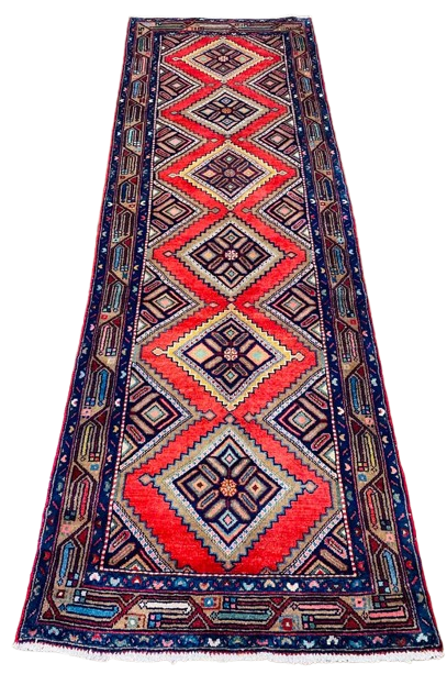 Origin "Hamedan" Hand Knotted Sheep Wool Persian Rug with Geometric Pattern 9'4" X 3'1"