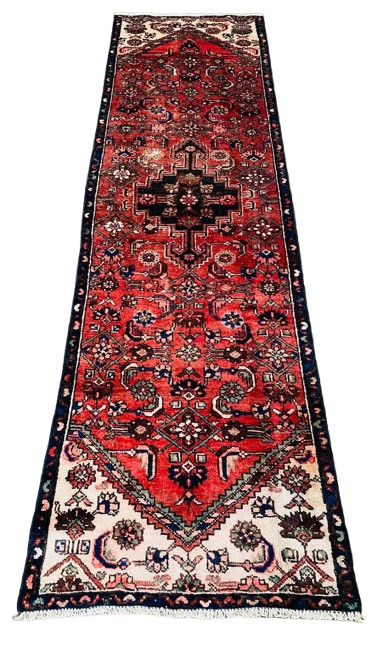 Origin "Hamedan" Hand Knotted Sheep Wool Persian Rug Natural Dyes with Geometric and Tribal Motif Patterns 9'2" X 2'8"