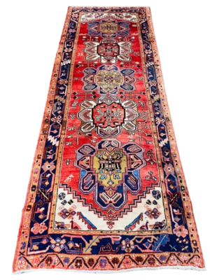1983 Origin "Geravan" Hand Knotted Sheep Wool Persian Rug Natural Vegetable Dyes with Geometric Patterns 10'3" X 3'9"