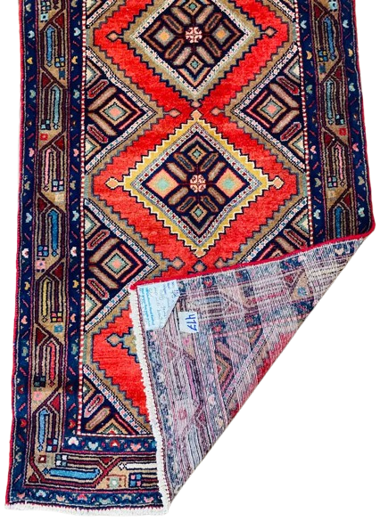 Origin "Hamedan" Hand Knotted Sheep Wool Persian Rug with Geometric Pattern 9'4" X 3'1"