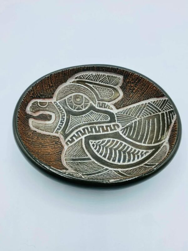 1972 signed "LSchinko" Hand-painted Sgraffito Abstract Bird Motif Pottery Dish