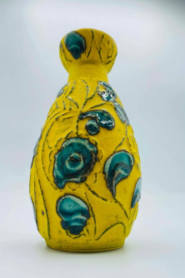 Rare 1960s-1970s Fat Lava West Germany Vase in Yellow and Blue Flowers by Bay Keramik