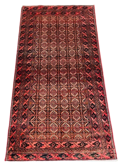 Origin "Baluch" Persian Rug Hand Knotted Natural Dyes with Repeating Geometric Patterns 6'6" X 3'4"