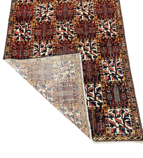 Origin "Bakhtiyar" Persian Tribal Rug Hand Knotted Natural Dyes with Geometric Checkered Floral Patterns 8'7" X 4'10"
