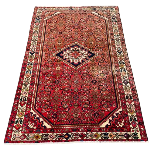 Origin "Hamedan" Hosein Abad Persian Tribal Rug Hand Knotted Natural Dyes with Geometric Floral Patterns 7'3" X 4'8"