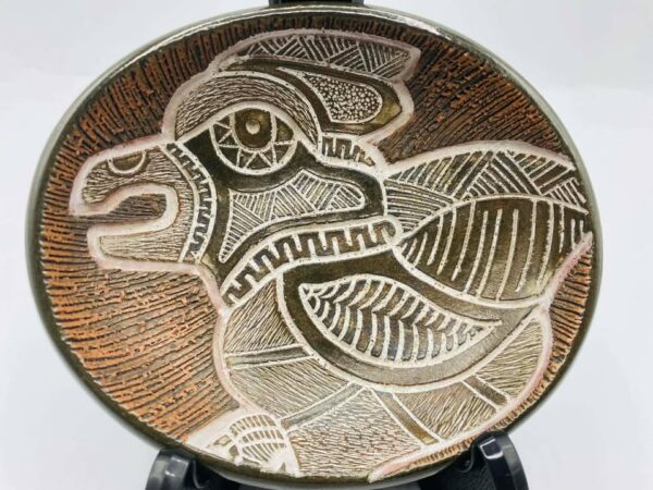 1972 signed "LSchinko" Hand-painted Sgraffito Abstract Bird Motif Pottery Dish
