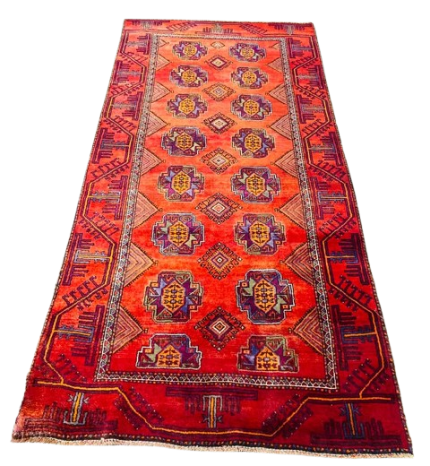 Origin "Baluch" Persian Rug Hand Knotted Natural Dyes with Geometric Patterns 9'8" X 4'9"