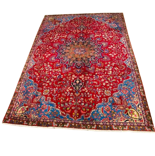 Origin "Khashan" Persian Tribal Rug Hand Knotted Natural Dyes with Central Medallion and Floral Patterns 9'11" X 6'11"