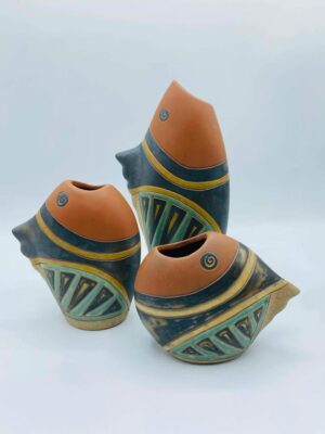 1980s Set of 3 Vintage Terracotta Fish Shape Vases Made in Vietnam