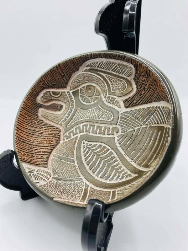 1972 signed "LSchinko" Hand-painted Sgraffito Abstract Bird Motif Pottery Dish