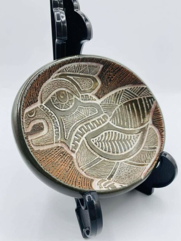 1972 signed "LSchinko" Hand-painted Sgraffito Abstract Bird Motif Pottery Dish