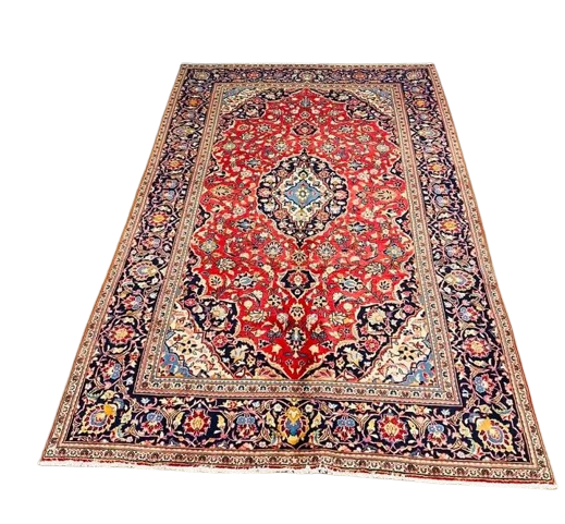 Origin "Khashan" Persian Tribal Rug Hand Knotted Natural Dyes with Central Medallion and Floral Patterns 10'5" X 6'5"