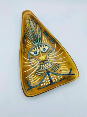 Mid Century Inspired Hand‑Painted Triangular Ceramic Dish Abstract Face Design by Zheng Ruixiu