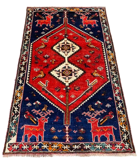 Origin "Shiraz" Persian Tribal Rug Hand Knotted Natural Dyes with Animal Geometric Floral Patterns 6'7" X 4'
