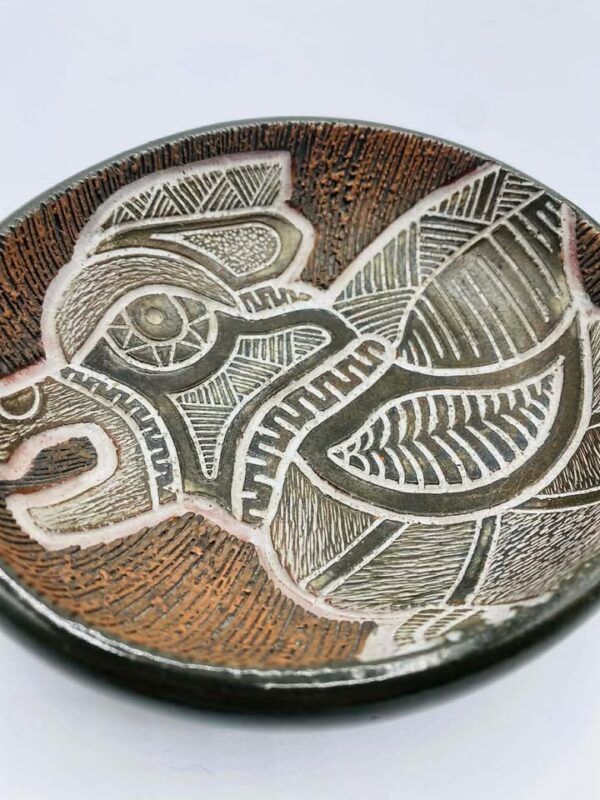 1972 signed "LSchinko" Hand-painted Sgraffito Abstract Bird Motif Pottery Dish