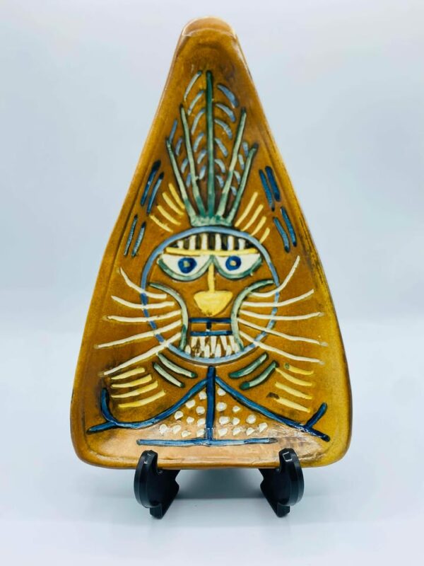 Mid Century Inspired Hand‑Painted Triangular Ceramic Dish Abstract Face Design by Zheng Ruixiu