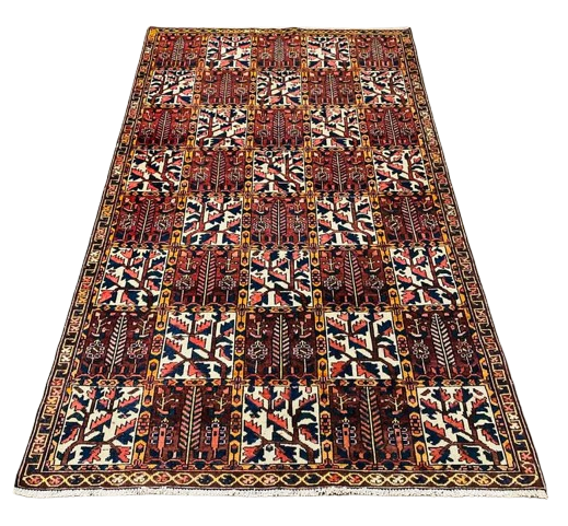 Origin "Bakhtiyar" Persian Tribal Rug Hand Knotted Natural Dyes with Geometric Checkered Floral Patterns 8'7" X 4'10"