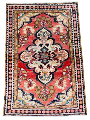 Origin "Hamedan" Liliyan Persian Rug Hand Knotted Natural Dyes with Large Central Medallion 4'8" X 3'2"