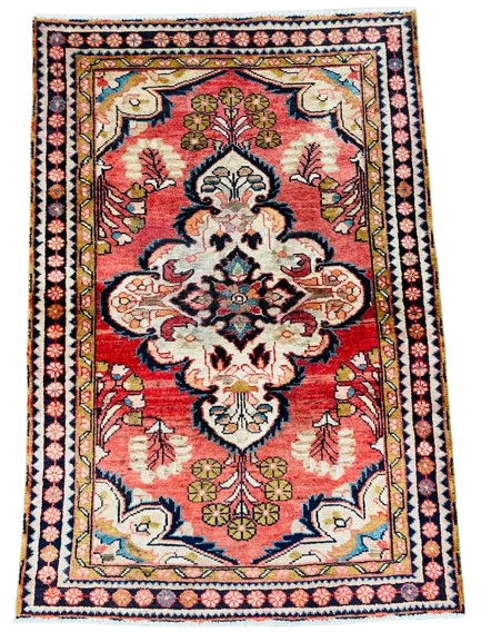 Origin "Hamedan" Liliyan Persian Rug Hand Knotted Natural Dyes with Large Central Medallion 4'8" X 3'2"