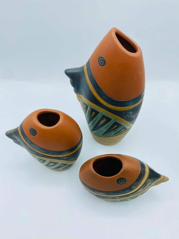 1980s Set of 3 Vintage Terracotta Fish Shape Vases Made in Vietnam