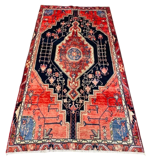 Origin "Nahavand" Persian Tribal Rug Hand Knotted Natural Dyes with Geometric Patterns 7'7" X 4'2"