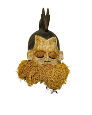 Ceremonial Suku Helmet Mask on stand. Zaire Congo. Carved wood, pain