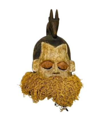 Ceremonial Suku Helmet Mask on stand. Zaire Congo. Carved wood, pain