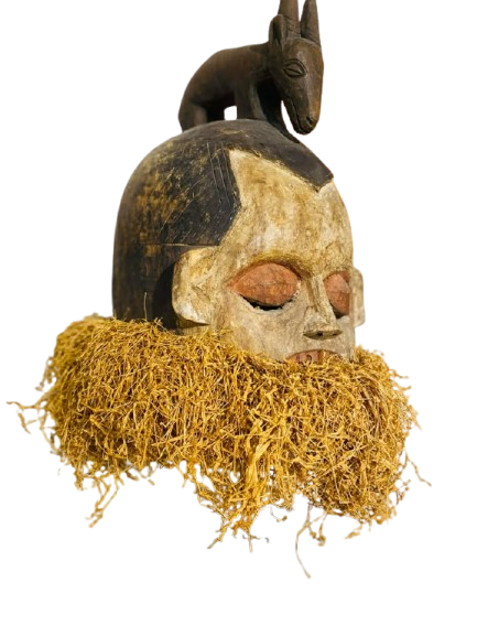 Ceremonial Suku Helmet Mask on stand. Zaire Congo. Carved wood, pain