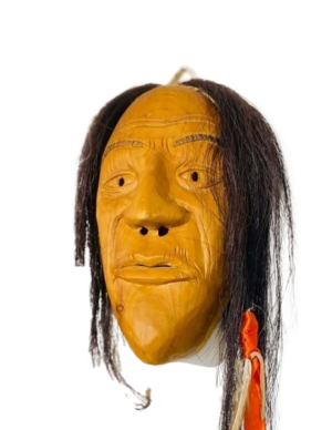 Indigenous-Inspired Carved Wood Mask with Horse Hair