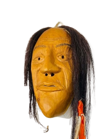 Indigenous-Inspired Carved Wood Mask with Horse Hair